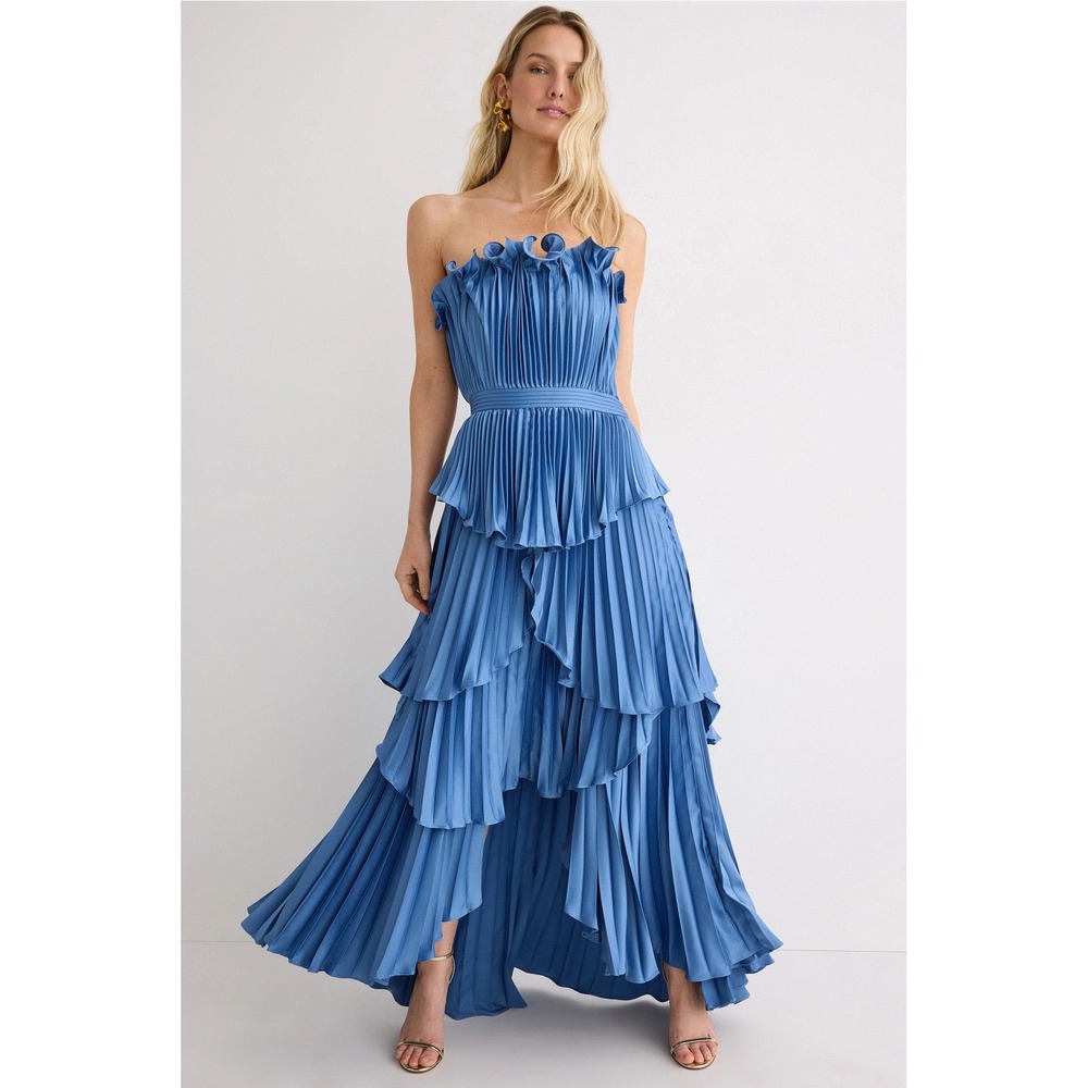 Amur Janey Gown Blue Strapless Pleated Ruffle High-Low Maxi Dress 0